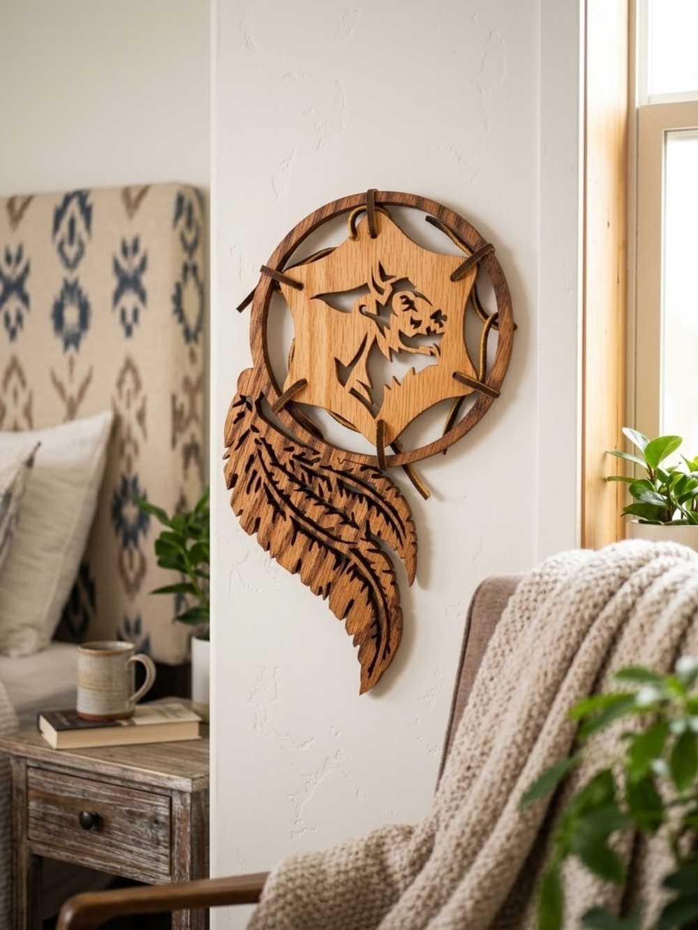Handcrafted Wooden Buffalo Head in Ring Wall Decor Dreamcatcher Style Feather